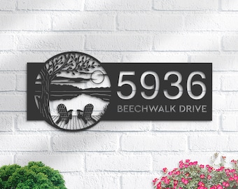 Personalized Tree Dock on Lake Scene Sunset Metal Address Sign Custom House number Hanging Address Plaque Yard Sign, Outdoor Garden Stake