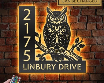 Personalized Owl LED Address Sign - Custom Metal House Number Plaque