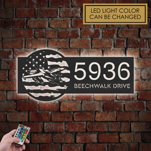 Personalized Fighter Jet US flag Metal Address Sign With LED lights House number Hanging Address Plaque