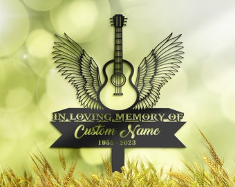 Personalized Acoustic guitar angel wings Memorial Stake, Metal Stake, Sympathy Sign, Grave Marker, Remembrance Stake