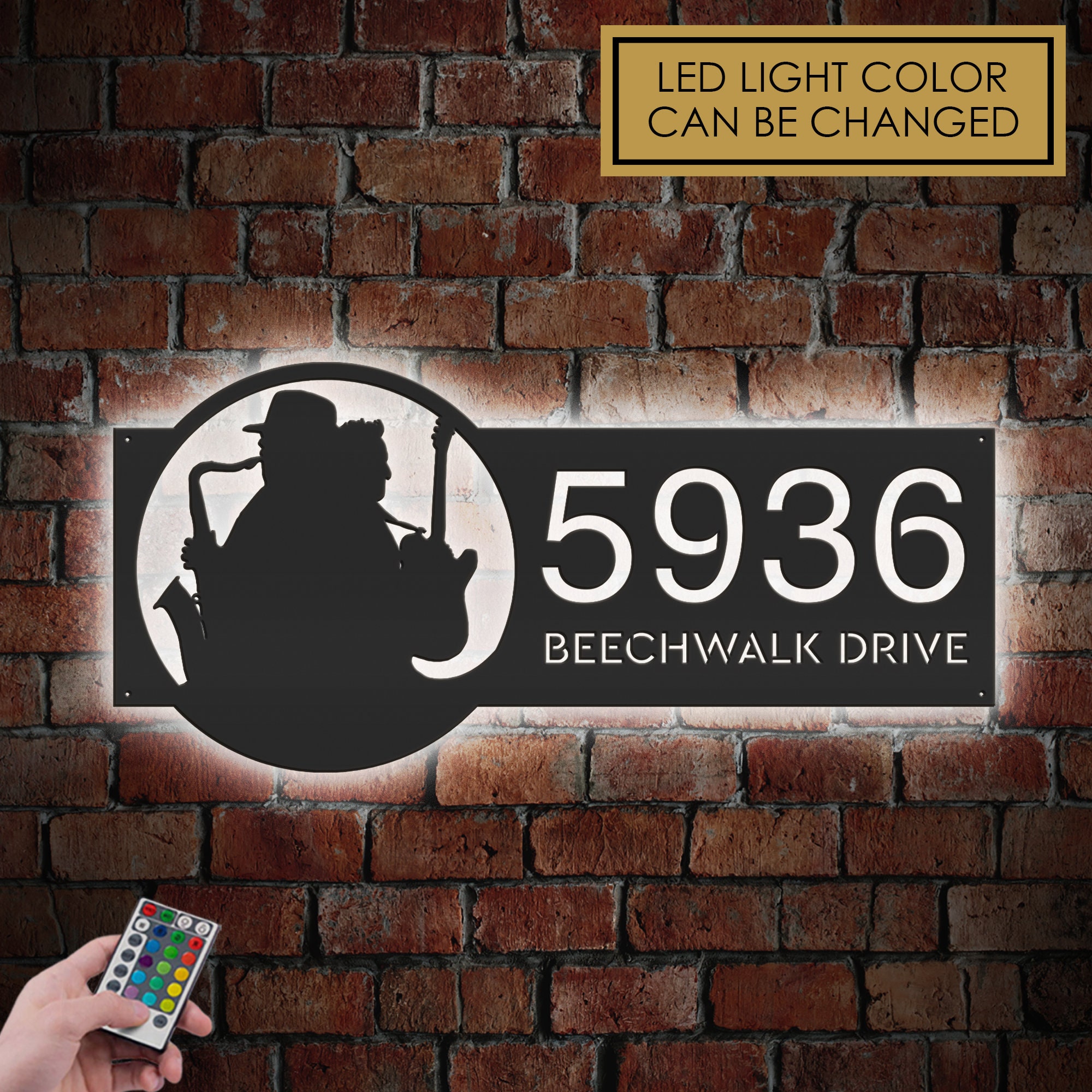 Personalized Jazz band musician Metal Address Sign With LED lights House number Hanging Address Plaque