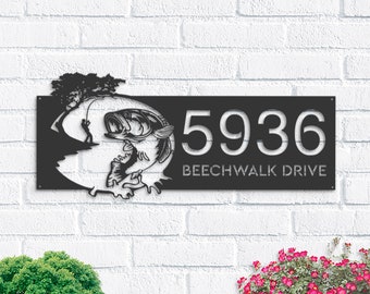 Personalized Bass fishing fisherman Metal Address Sign | Hanging Address Plaque | Yard Sign, Outdoor Sign | Garden Stake