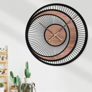 Mid Century Modern Wooden   Triple Circle  Wall Clock Large Oversized Round Minimalist Rustic Black Metal Wood Living Room Home Decor