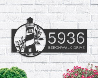 Personalized Lighthouse Metal Address Sign, Floral Hanging Plaque
