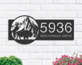 Personalized Bison Metal Address Sign | Mountain Landscape Plaque