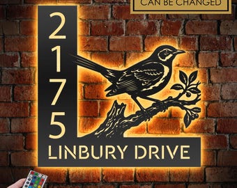 Personalized Mockingbird LED Address Sign - Custom Metal House Number Plaque