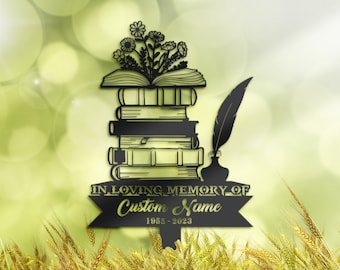 Personalized Floral Books Metal Memorial Stake, Custom Grave Marker