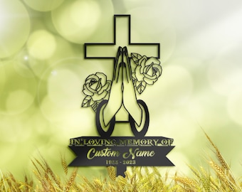 Personalized Memorial Stake, Praying Hands Cross, Metal Grave Marker