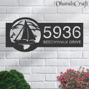 Personalized Sailboat Scene Metal Address Sign House number Hanging Address Plaque Yard Sign, Outdoor Sign Garden Stake
