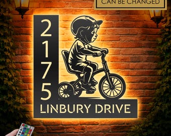 Personalized Boy Riding Tricycle with Helmet LED Address Sign - Custom Metal House Number Plaque