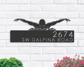 Personalized Swimmer Metal Address Sign | Pool Decor
