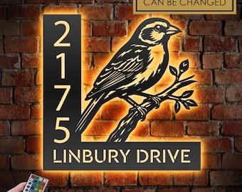 Personalized Canary Bird LED Address Sign - Custom Metal House Number Plaque