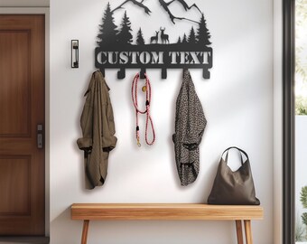 Personalized Deer Mountain Scene Metal Coat Rack, Leash & Key Holder