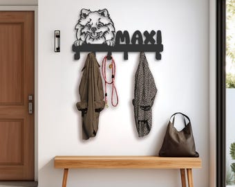 Personalisierte Spitz Hund Metall Wandhaken Rack, Leine & Schlüssel Halter