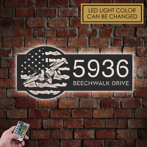 Personalized Fighter Jet US flag Metal Address Sign With LED lights House number Hanging Address Plaque