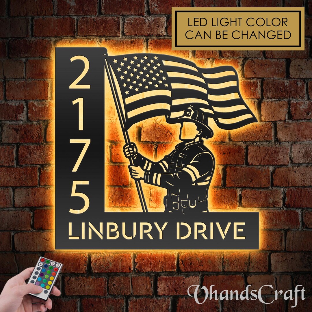 Personalized Firefighter Waving US Flag LED Address Sign - Custom Metal ...