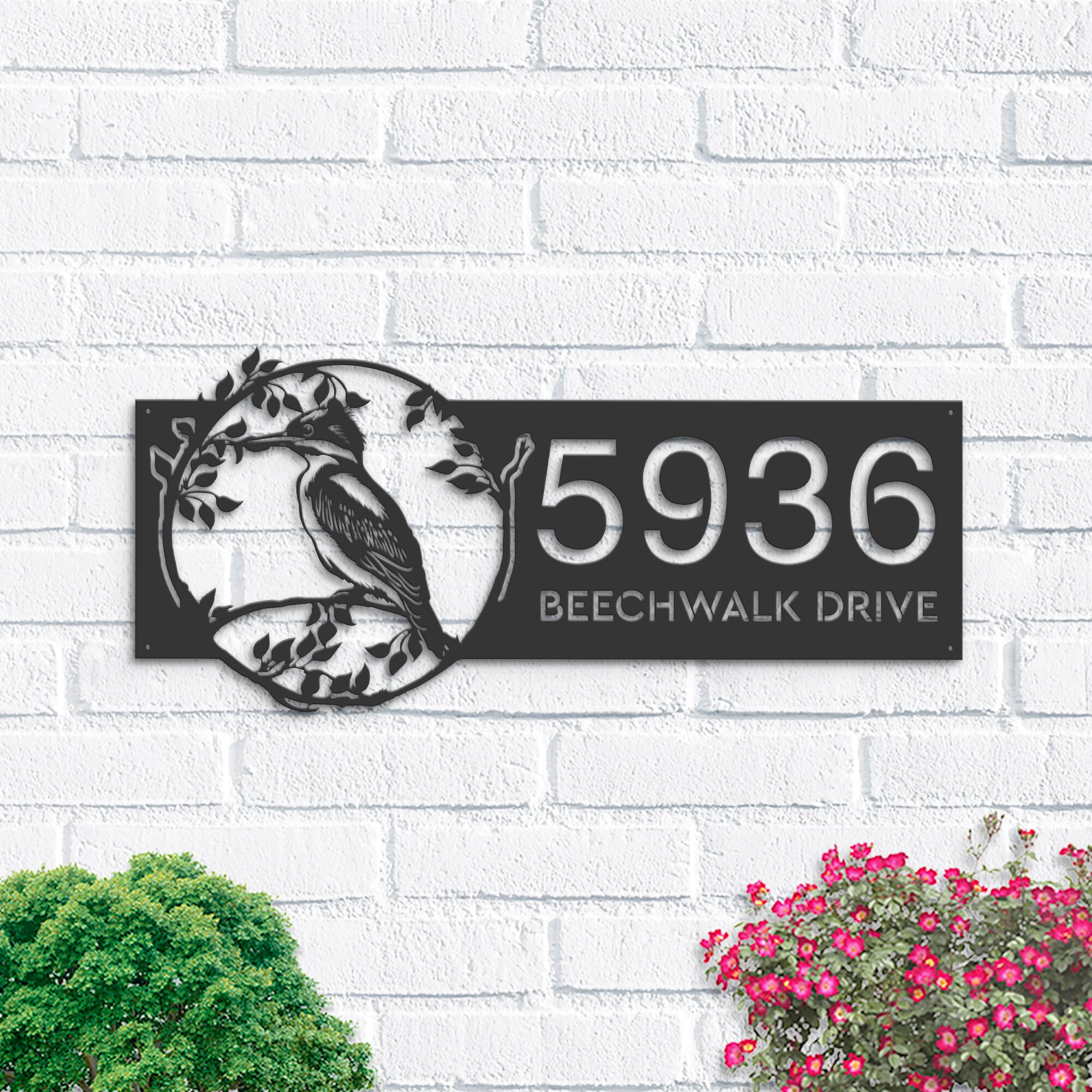 Personalized Kingfisher bird on tree branch Metal Address Sign Custom Hanging Address Plaque House number Yard Sign Outdoor Garden Stake