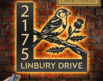 Personalized Goldfinch Bird LED Address Sign - Custom Metal House Number Plaque