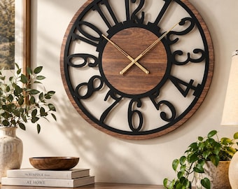 Mid Century Large Rustic Wall Clock - Wood and Black Metal Farmhouse Clock - Oversized Industrial Clock with Cutout Numbers