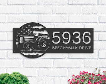 Personalized Farm Tractor Metal Address Sign, US Flag Decor