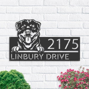 Personalized Rottweiler Dog, Cute puppy Metal Address Sign House number Hanging Address Plaque Yard Sign Outdoor decor Garden Stake