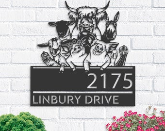 Personalized Farm Animals Metal Address Sign | Ranch House Number Plaque
