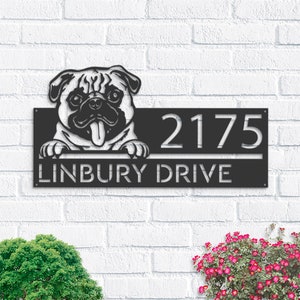 Personalized Pug Dog, Cute puppy Metal Address Sign House number Hanging Address Plaque Yard Sign Outdoor decor Garden Stake