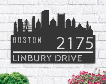 Personalized Boston Skyline Metal Address Sign, Hanging or Stake