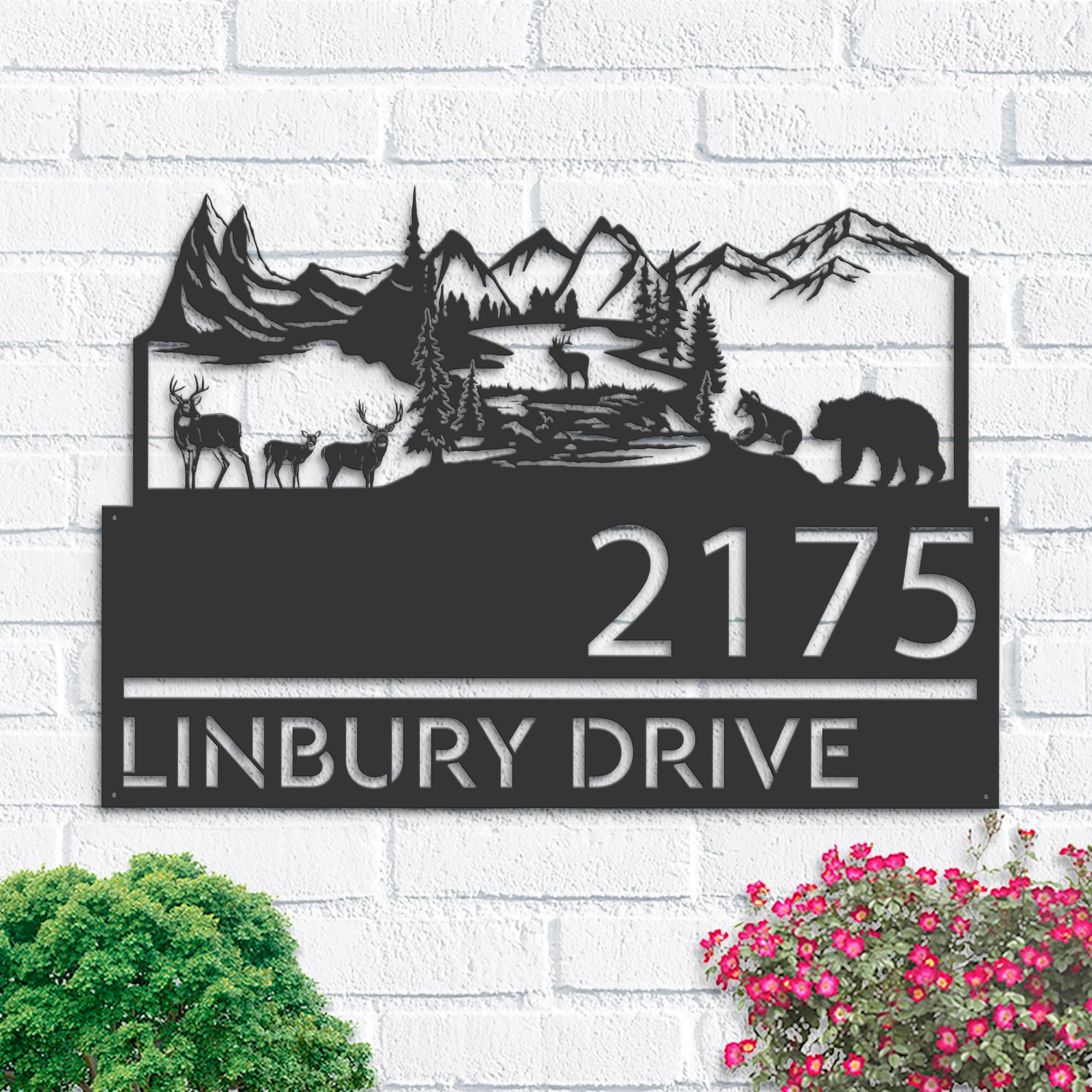 Personalized Forest elk deer bear scene Metal Address Sign House number | Hanging Address Plaque | Yard Sign, Outdoor Sign | Garden Stake