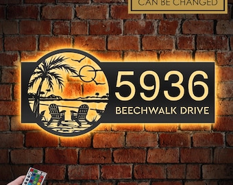 Personalized Beach Sunset Metal Address Sign with LED Lights