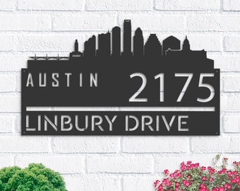 Personalized Metal Austin Skyline Address Sign, Hanging or Stake