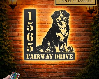 Personalized Berne Cattle Dog Address Sign – Custom Metal Plaque with LED Lights