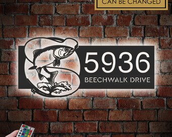 Personalized Trout fishing Metal Address Sign With LED lights House number Hanging Address Plaque