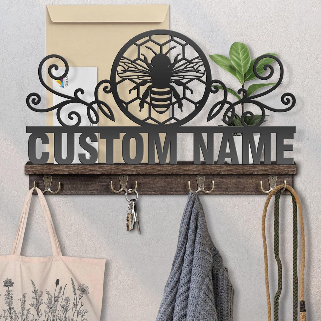 Personalized Bee Key Holder, Wood Wall Mount Mail Sorter With Hooks - Etsy
