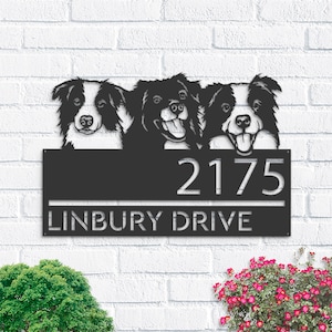 Personalized Peeking dogs border collie Metal Address Sign House Number, Hanging Address Plaque | Yard Sign, Outdoor Sign| Garden Stake