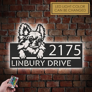 Personalized peeking Chihuahua dog, cute puppy Metal Address Sign With LED lights House number Hanging Address Plaque