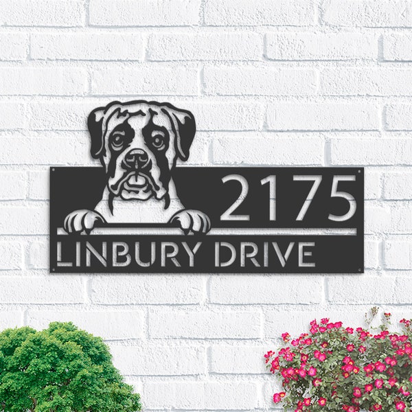 Personalized Boxer dog, cute puppy Metal Address Sign House number Hanging Address Plaque Yard Sign Outdoor decor Garden Stake