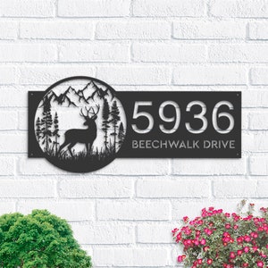 Cartello con indirizzo in metallo personalizzato con scena di foresta di cervi, numero civico, cartello da appendere, cartello da giardino, palo da giardino