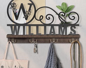 Personalized Family Name Key Holder: Wooden Wall Mount Mail Organizer