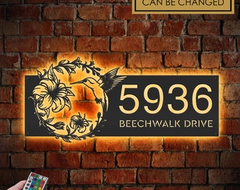 Personalized Metal Address Sign: Hummingbird, Floral Wreath, LED Lights