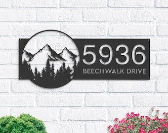 Personalized Mountain scene wild life Metal Address Sign House number | Hanging Address Plaque | Yard Sign, Outdoor Sign | Garden Stake