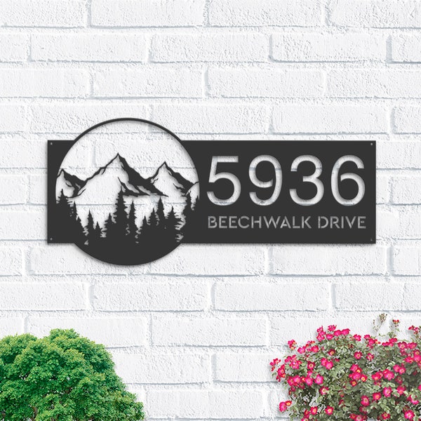 Personalized Mountain scene wild life Metal Address Sign House number | Hanging Address Plaque | Yard Sign, Outdoor Sign | Garden Stake