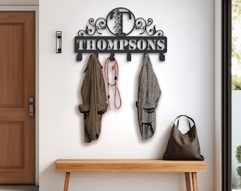 Personalized Monogram Letters family name Metal Wall Coat Hanger, Dog leash holder, Keys Holder, Hook Rack, Clothes Hook, Porch Organizer