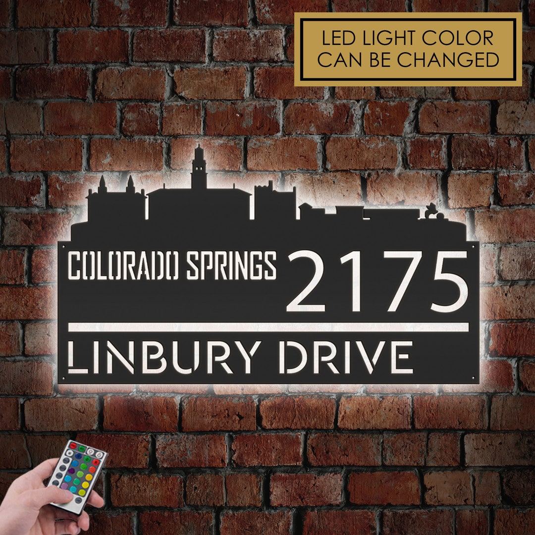 Personalized Colorado Springs City Skyline Metal Address Sign With LED