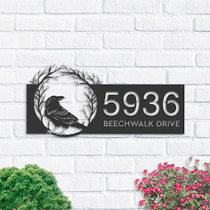 Personalized Raven Crow Halloween Wreath Metal Address Sign House Number, Hanging Address Plaque | Yard Sign, Outdoor Sign Garden Stake