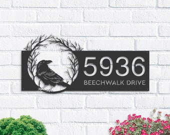 Personalized Raven Metal Address Sign, Halloween Decor, Hanging or Stake