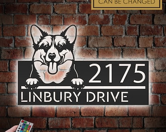 Personalized Corgi Metal Address Sign with LED Lights