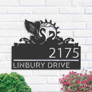 Personalized Swan couple Metal Address Sign House number Hanging Address Plaque Yard Sign, Outdoor Sign Garden Stake
