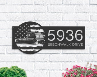 Personalized Combine Harvester Metal Address Sign, US Flag Decor