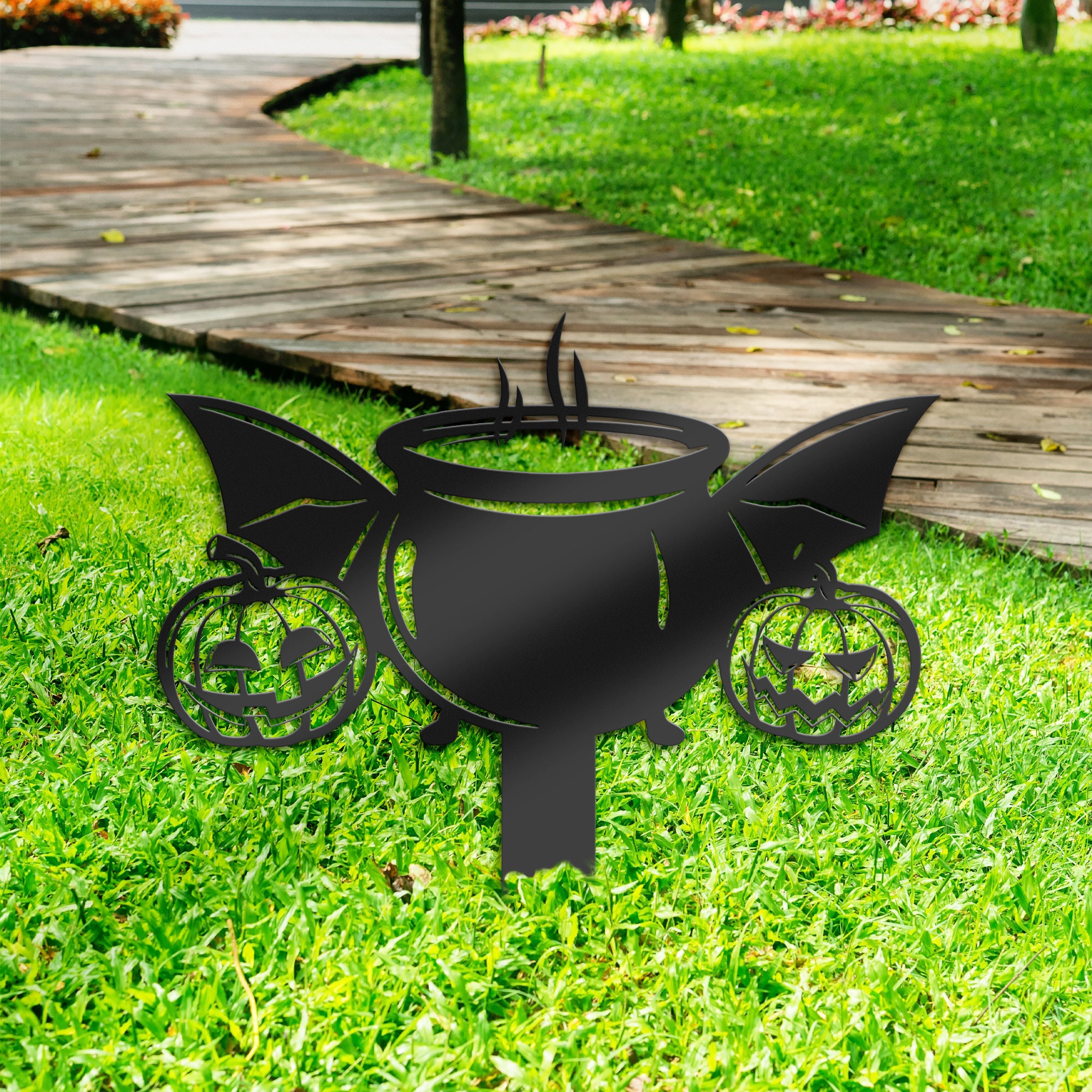 Halloween Pumpkins Cauldron Metal Yard Stake, Outdoor Decoration ...